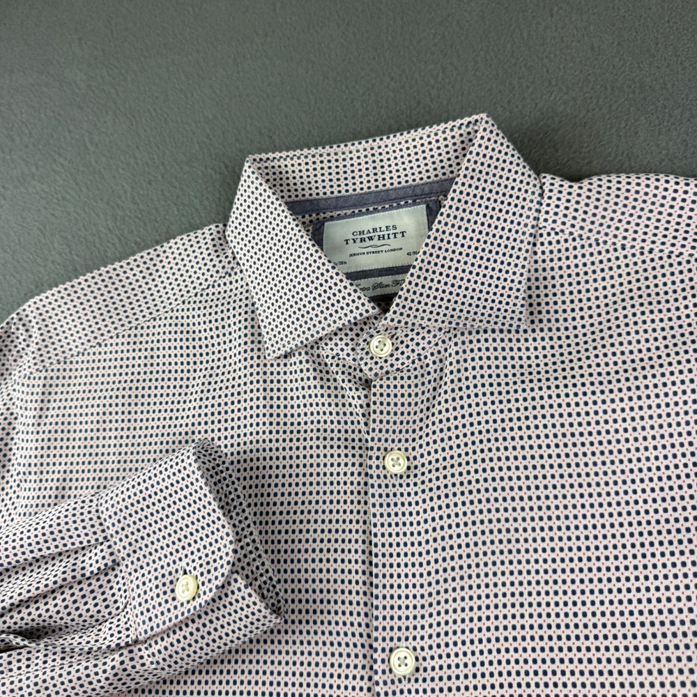 Charles Tyrwhitt Shirt Men's 16.5 38 Blue Geometric Extra Slim Fit Dress Shirt